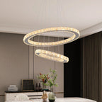 Maison Ornate Luxury Crystal Pendant Light with two illuminated rings, modern, elegant chandelier design.