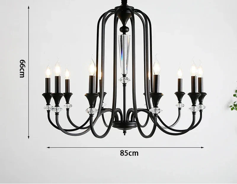 Maison Ornate Vintage Crystal Chandelier with eight LED candle bulbs, black metal finish, glass accents.