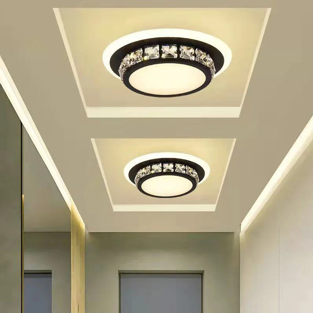 Pair of Maison Ornate Industrial Crystal Chandeliers with integrated LED, ceiling-mounted in recessed panels.