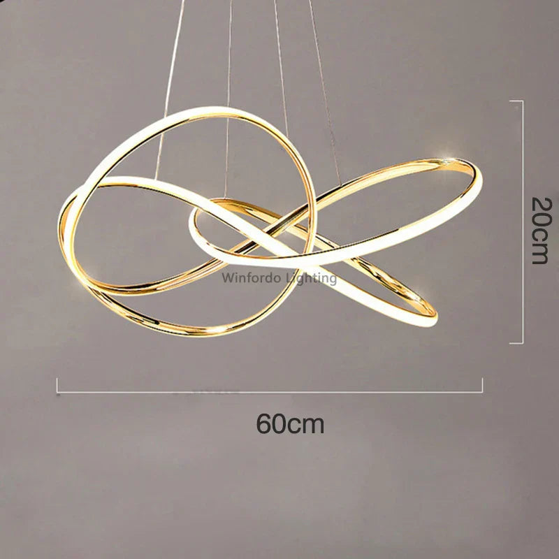 Maison Ornate Postmodern Crystal Chandelier with LED-lit intertwined gold rings, 60cm wide, 20cm high.