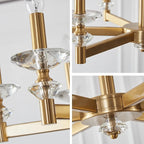 Maison Ornate Retro Industrial chandelier with gold arms, geometric design, and clear crystal accents.