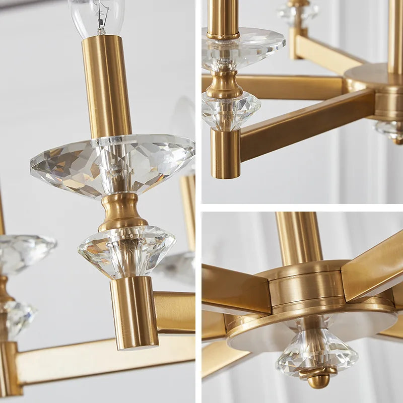 Maison Ornate Retro Industrial chandelier with gold arms, geometric design, and clear crystal accents.