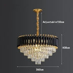 Modern luxury chandelier with gold, black accents, and cascading K9 crystal prisms, adjustable hanging length.