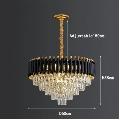 Modern luxury chandelier with gold, black accents, and cascading K9 crystal prisms, adjustable hanging length.