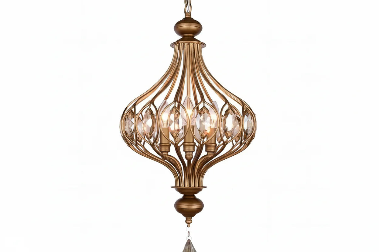 Maison Ornate Vintage Crystal Chandelier with curved gold rods, candle lights, and crystal accents.