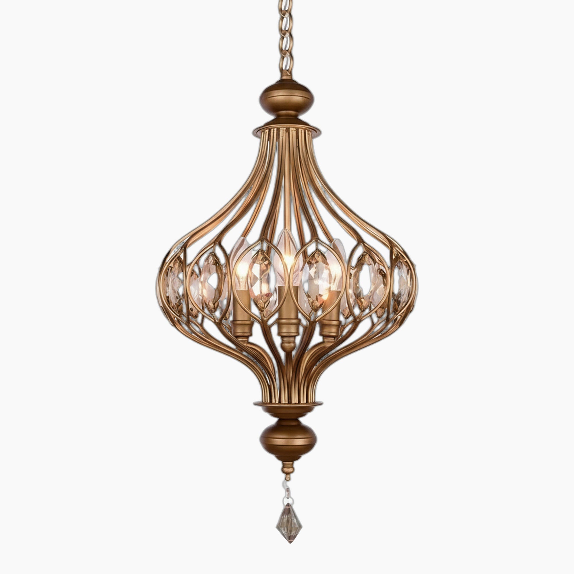 Gold cage chandelier with exposed bulbs, vertical bars, and crystals; vintage E27 LED luxury lighting.