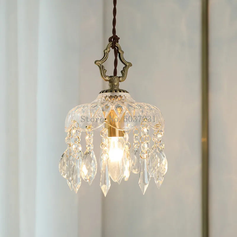 Ornate Nordic vintage crystal and brass chandelier with glass shade, brass fixture, hanging crystals.