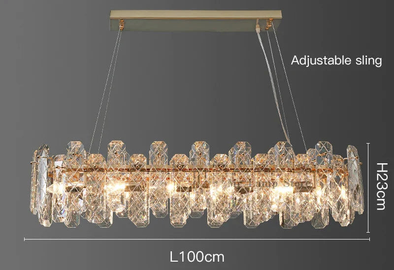 Modern crystal LED chandelier with gold accents and adjustable slings, 100×23 cm, elegant design.