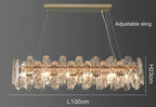 Modern crystal LED chandelier with gold accents and adjustable slings, 100×23 cm, elegant design.