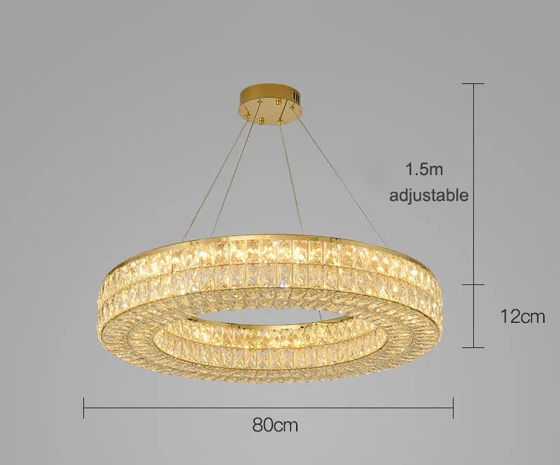 Art Deco circular crystal chandelier with gold frame, LED lights, adjustable wires, 80x12cm.