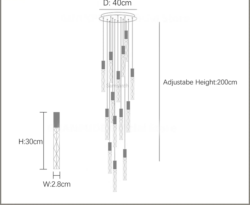 Line drawing of Maison Spiral LED Crystal Chandelier with gold finish, 40cm base, multiple vertical light rods.