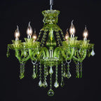 Maison Ornate Baroque Crystal Chandelier with six arms, candle lights, and dangling green crystals.