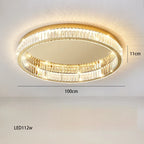 Modern round crystal glass chandelier, dimmable LED, 100x11cm, 112W, warm golden light.