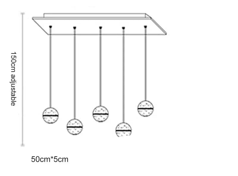 Line drawing of Maison Ornate Crystal Sphere Chandelier with five adjustable-height globe pendants, 150cm max length.
