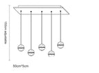 Line drawing of Maison Ornate Crystal Sphere Chandelier with five adjustable-height globe pendants, 150cm max length.