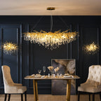 Maison Ornate Modern Interior LED Crystal Chandelier with cascading crystals and sleek metallic accents.