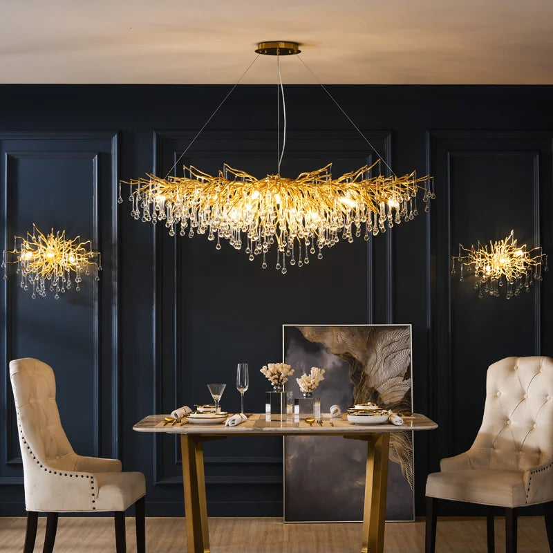 Maison Ornate Modern Interior LED Crystal Chandelier with cascading crystals and sleek metallic accents.