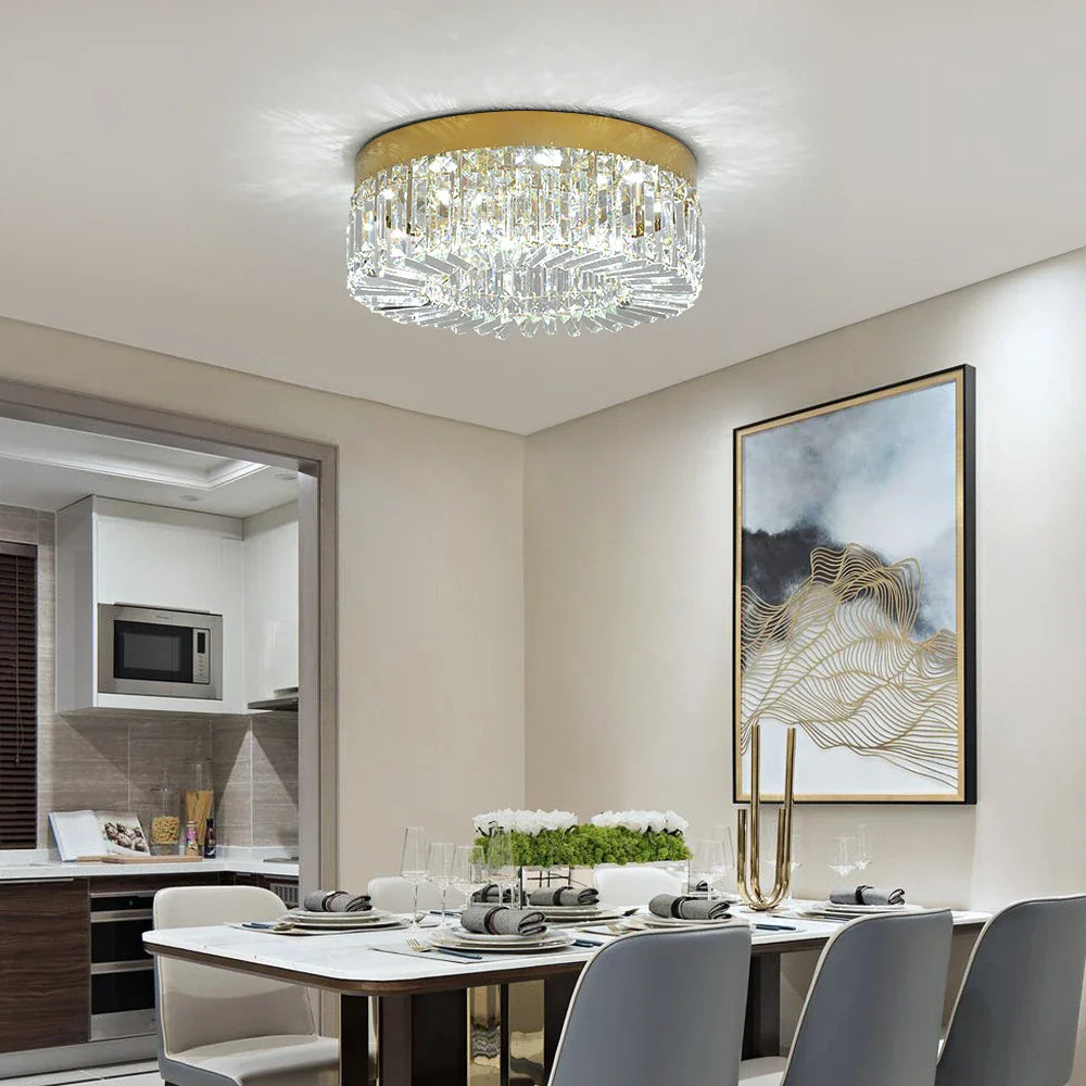 Maison Ornate Modern Gold Crystal Bedroom Chandelier with Integrated LED, elegant gold finish and sparkling crystals.