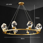 Modern crystal glass chandelier with six LED lights, circular frame, 80x120cm, energy-efficient design.