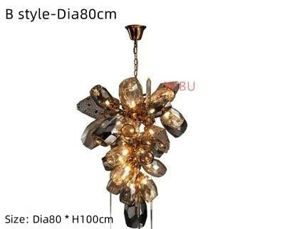 Modern crystal chandelier with stainless steel and irregular glass clusters, integrated LED, emits warm light.