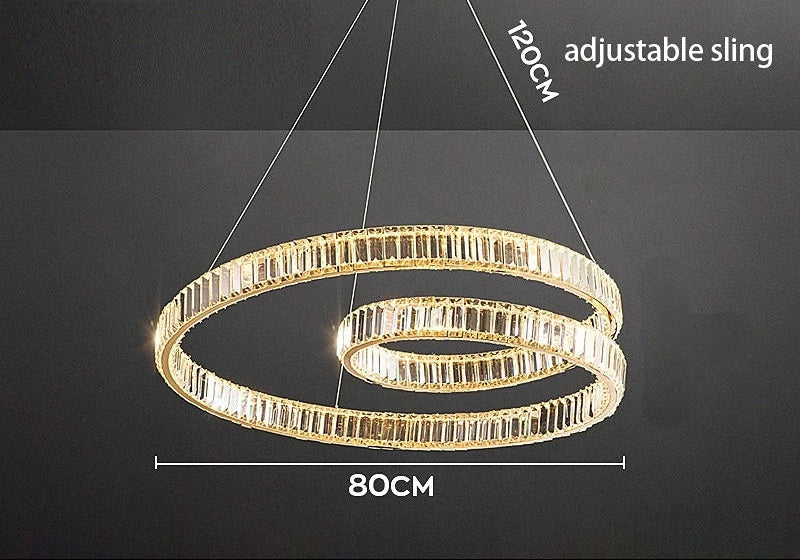 Gold-tone spiral chandelier with crystals, integrated LED, 80 cm diameter, 120 cm adjustable sling.