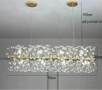 Rectangular LED chandelier with crystal dandelion details, Art Deco style, two adjustable wires. 150x90x30 cm.