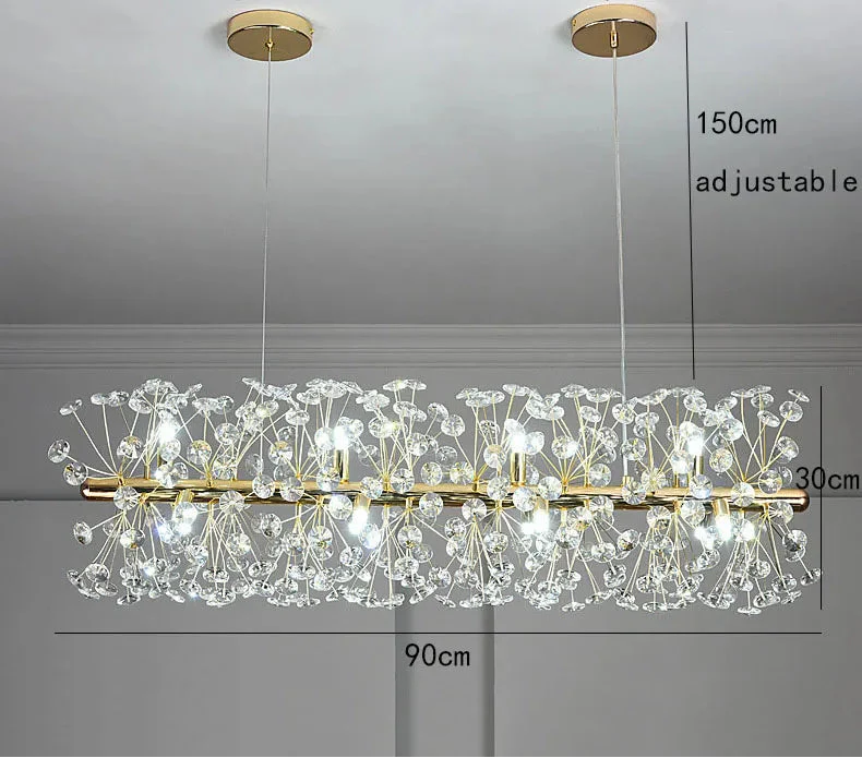 Rectangular LED chandelier with crystal dandelion details, Art Deco style, two adjustable wires. 150x90x30 cm.