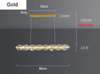 Gold-finished LED crystal chandelier, 80 cm wide, adjustable wire height, industrial ring design.
