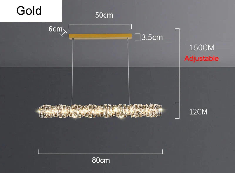 Gold-finished LED crystal chandelier, 80 cm wide, adjustable wire height, industrial ring design.