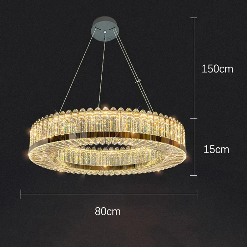 Gold-framed geometric LED chandelier, dimmable, 80cm wide, 15cm high, 150cm hanging length.