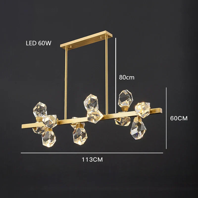 Elegant crystal glass chandelier with geometric lights, 113x80x60cm, uses 60W LED bulbs. Modern design.