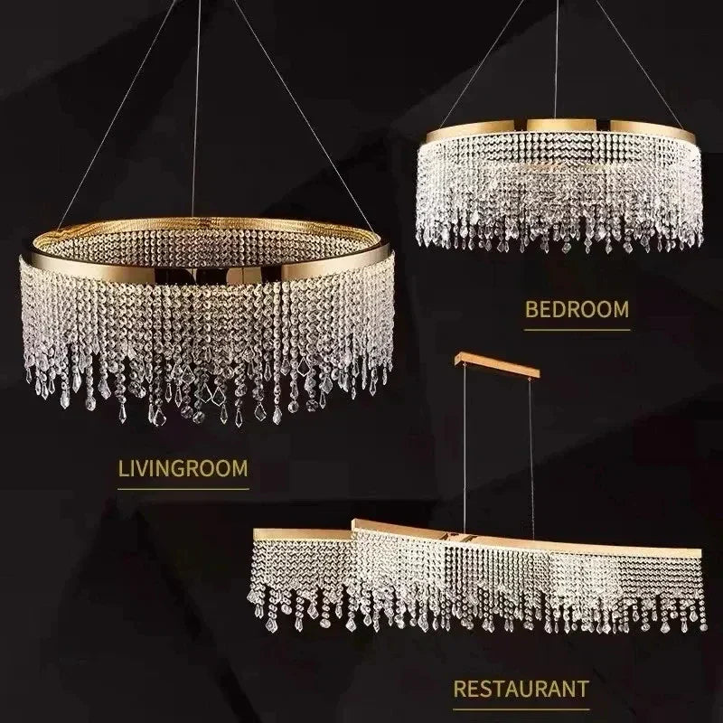 Three Maison Ornate Modern Crystal Chandeliers with gold round pendants, each in distinct elegant designs.