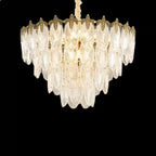 Tiered crystal leaf-shaped chandelier with golden accents in an Art Deco retro style.