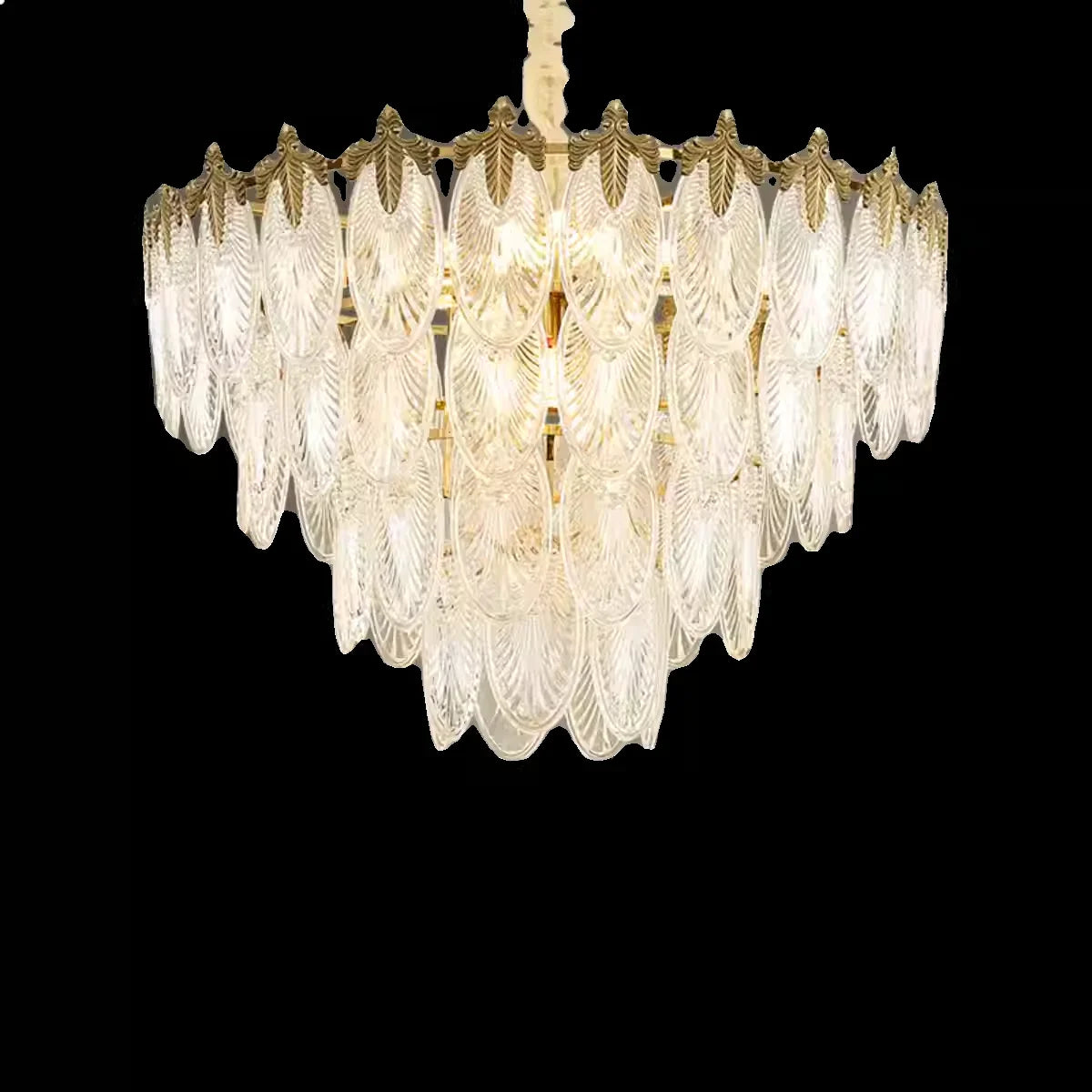 Tiered crystal leaf-shaped chandelier with golden accents in an Art Deco retro style.