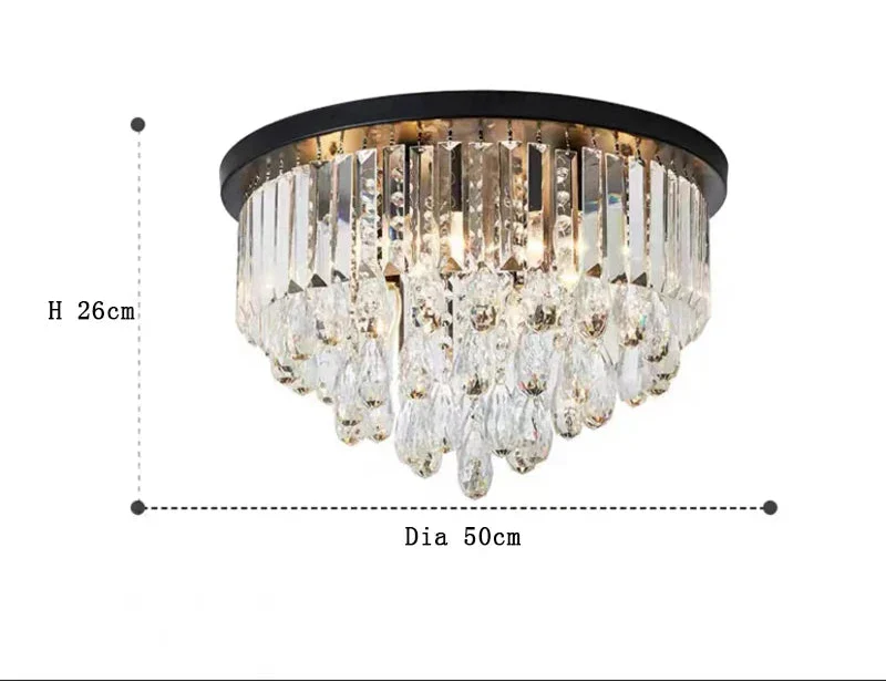 Luxury black and gold LED crystal ball chandelier with hanging crystal drops, 26 cm high, 50 cm wide.