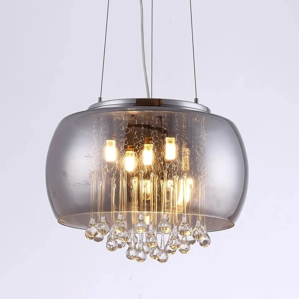 Maison Ornate Modern chandelier with smoked cognac glass shade, multiple bulbs, and sparkling crystal droplets.