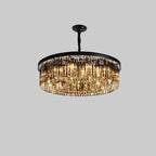 Round black metal chandelier with multi-tiered crystal prisms and modern LED lighting.