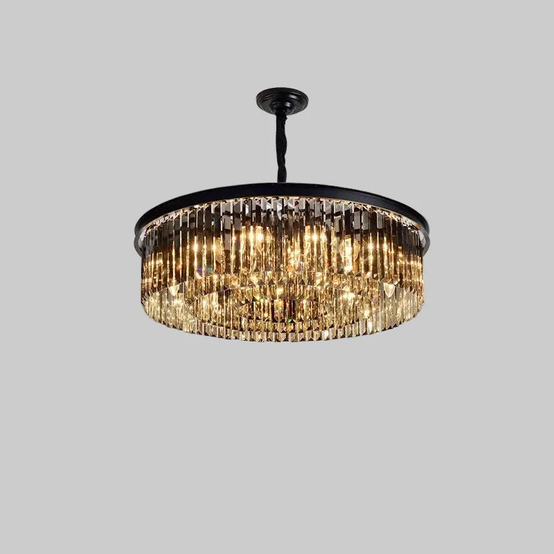 Round black metal chandelier with multi-tiered crystal prisms and modern LED lighting.