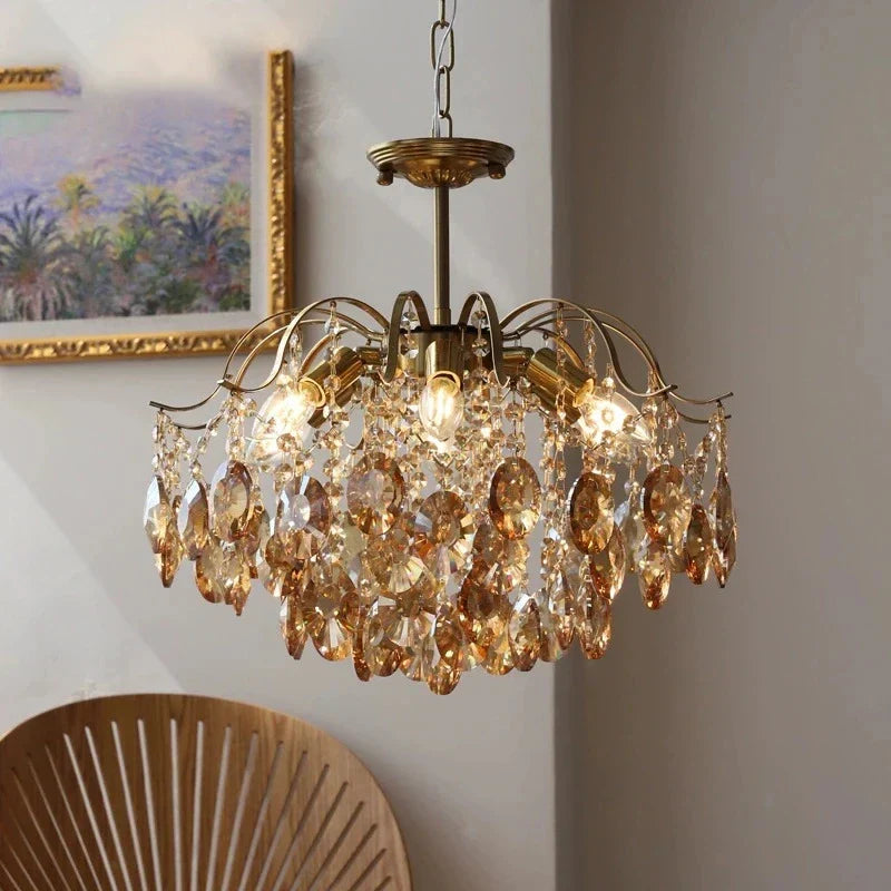Maison Ornate Elegant Vintage Crystal Chandelier features retro design, sparkling crystals, and warm ambient lighting.