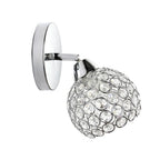 Round chrome chandelier with dome shade, clear crystal circles, and modern metal grid design.