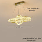 Modern oval LED crystal chandelier with adjustable cords, rectangular mount, tricolor dimmable lighting, 115W/230W.