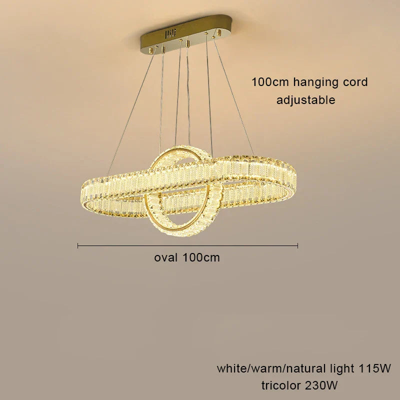 Modern oval LED crystal chandelier with adjustable cords, rectangular mount, tricolor dimmable lighting, 115W/230W.