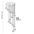 Line art of 14-sphere Maison Ornate Crystal Sphere Chandelier with rotating LED, adjustable hanging height.