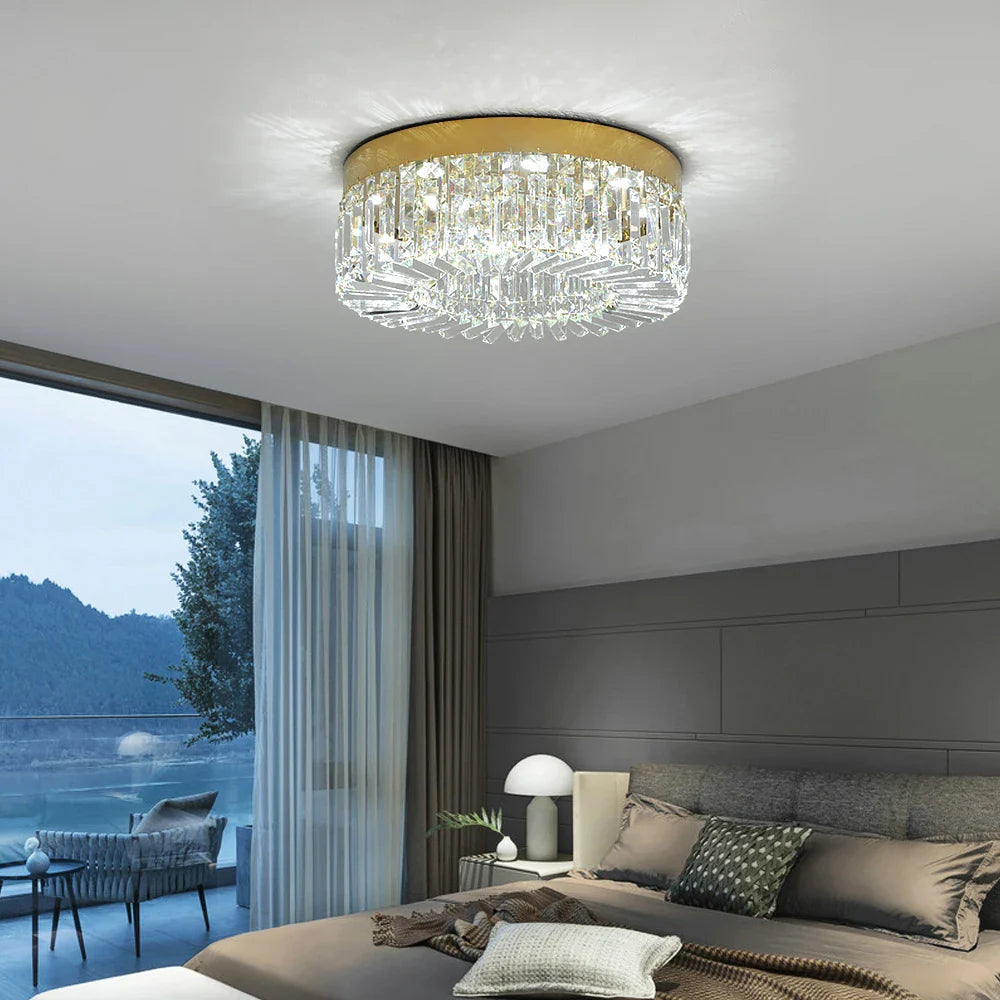 Maison Ornate Modern Gold Crystal Bedroom Chandelier with Integrated LED, elegant gold frame and crystal details.