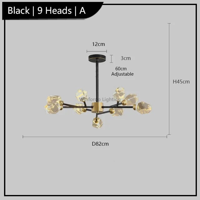 Postmodern crystal chandelier with 9 bulbs, gold accents, LED lights, adjustable suspension, modern design.