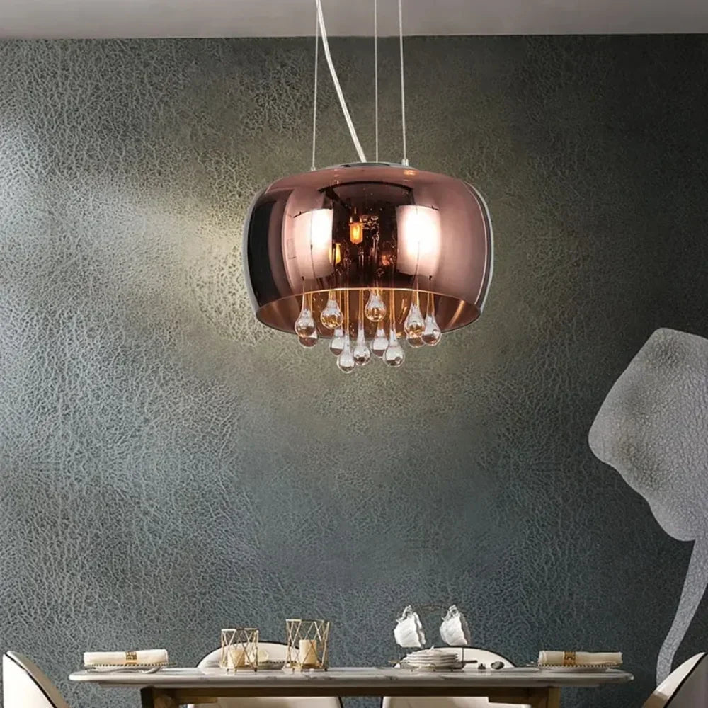 Maison Ornate Modern Crystal Hanging Light with smoked cognac glass droplets, elegant and contemporary chandelier.