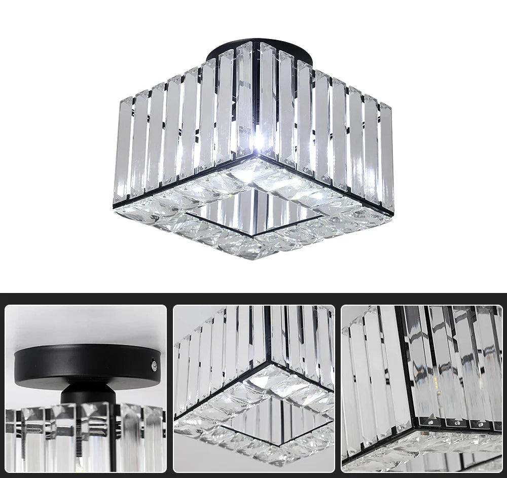 Art Deco crystal chandelier with adjustable lights, black base, clear glass rods in close-up.