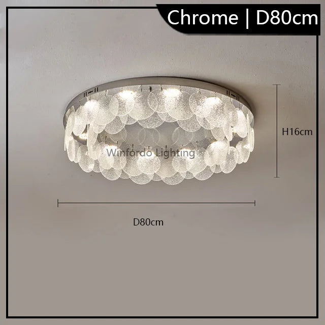 Postmodern chandelier with textured translucent discs and LED, 80cm wide, 16cm high, Maison Ornate.