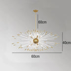 Dandelion chandelier with gold and white rods radiates elegance from a central crystal sphere.