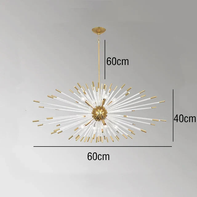 Maison Ornate golden crystal dandelion chandelier, starburst design, gold and white, 60x40 cm dimensions.